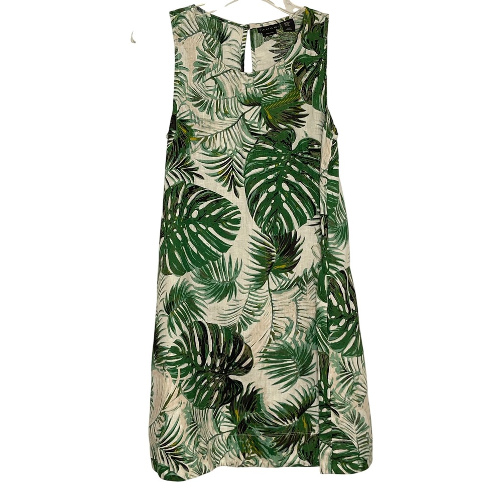 Tahari Women's XS Green White 100% Linen Tropical Palm Leaf Print Shift Dress